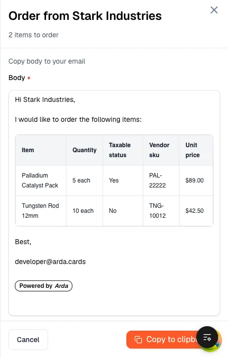 Email Order panel — current view (mock data)